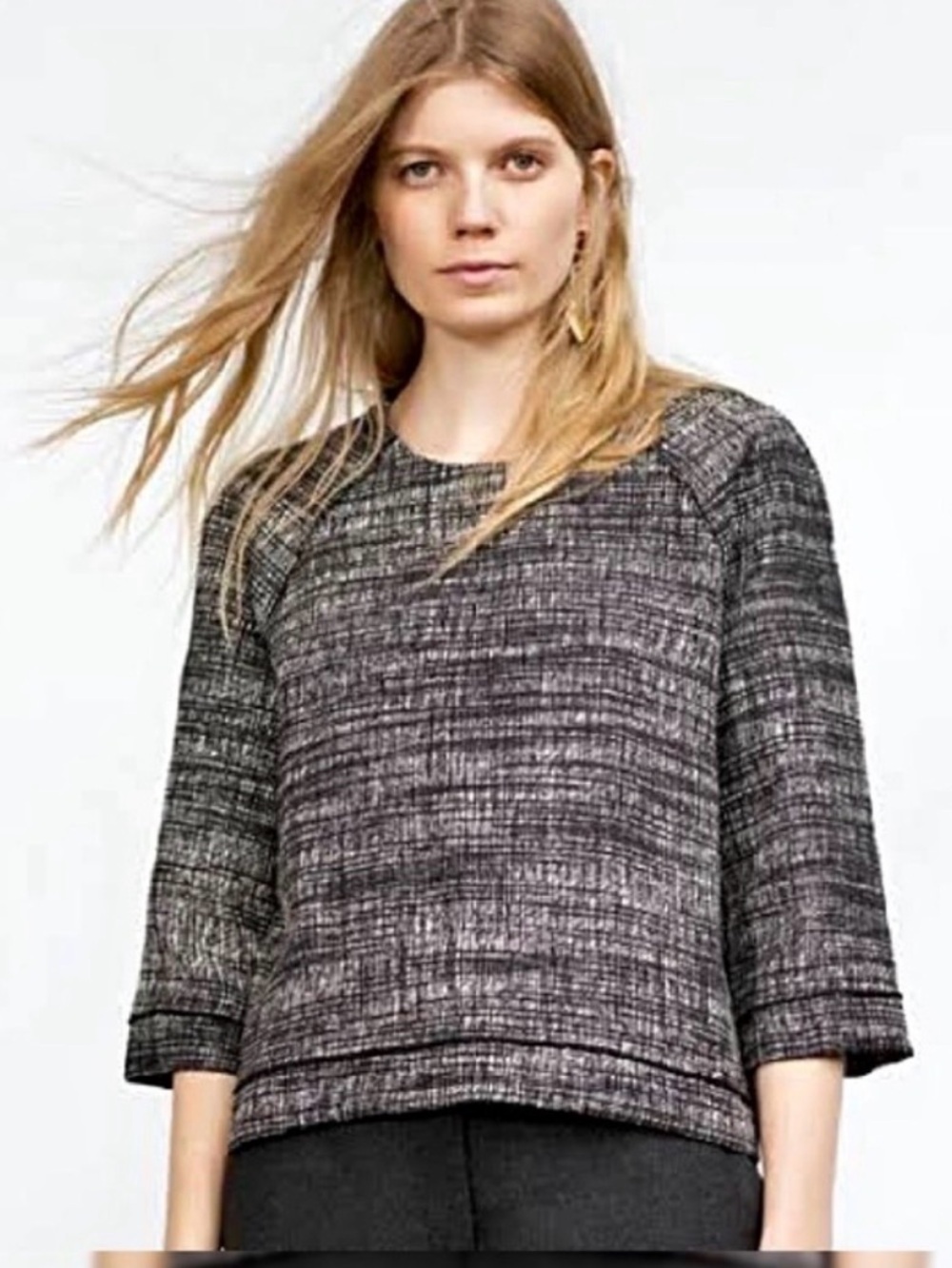 ZARA Basic Womens Gray Tweed 3/4 Sleeve Top Size S Cropped Casual Office